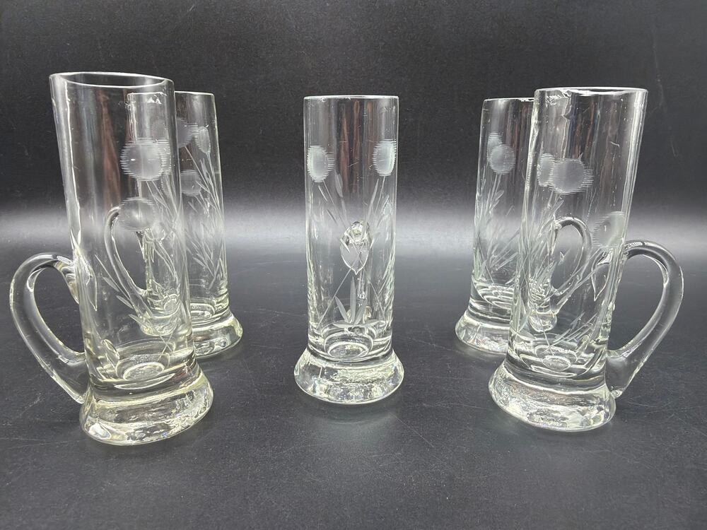Vintage Hand Blown Etched Scottish Thistle Cordial Glasses Set of 5 – Read